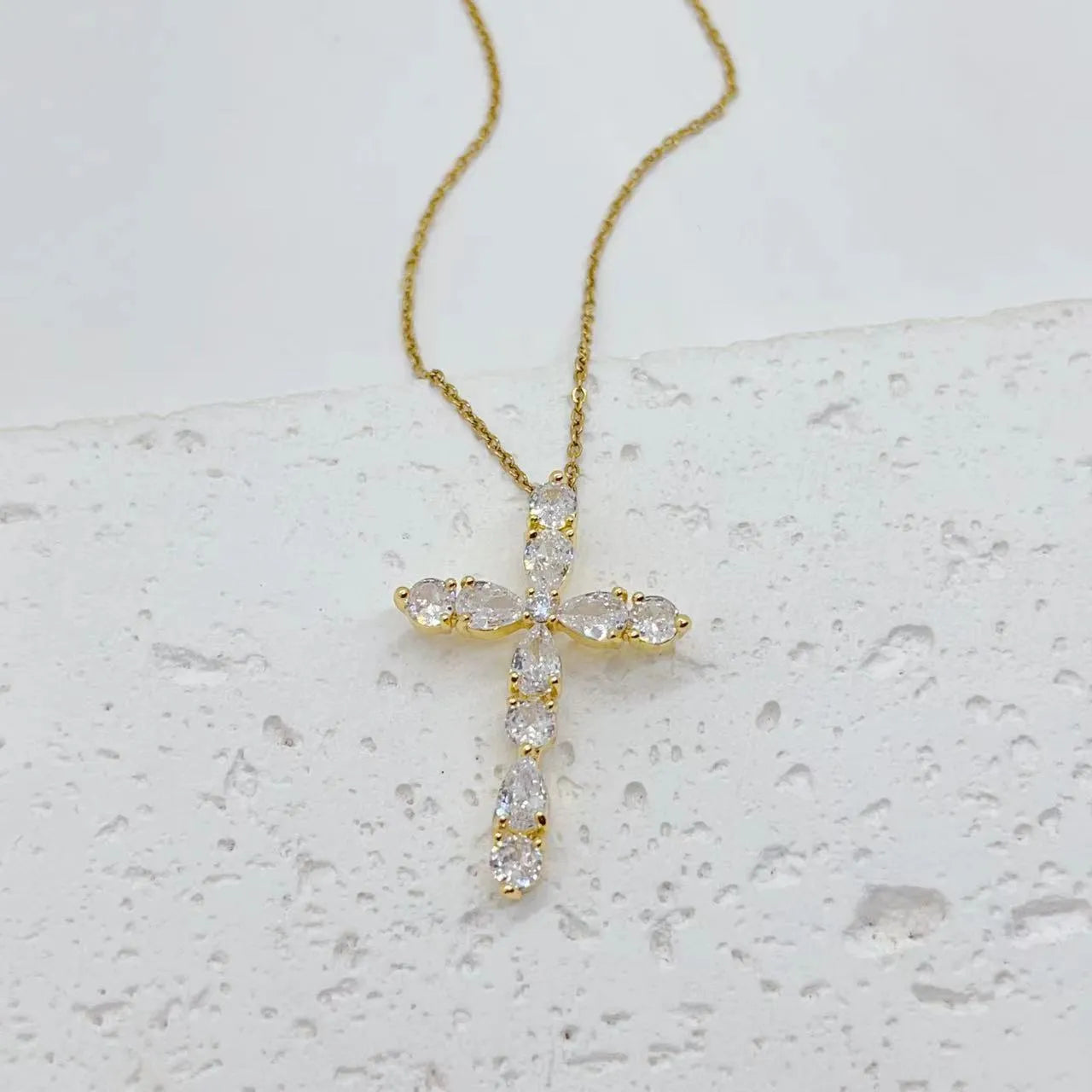 Colourful zircon micro inlay water drop cross necklace on O-ring chain, copper electroplated, 18K finish, unisex design