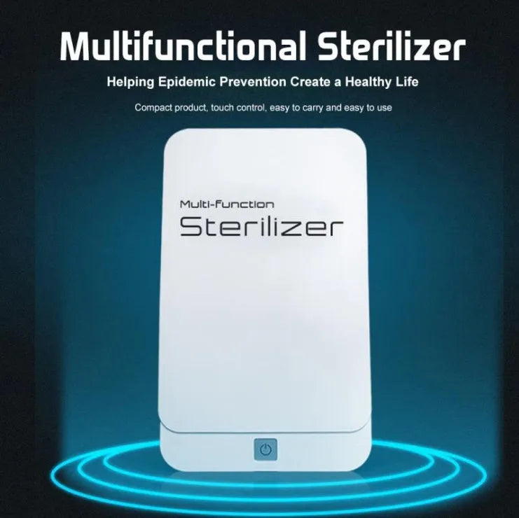 Blue UV phone sterilizer disinfection box with closed lid on a table.