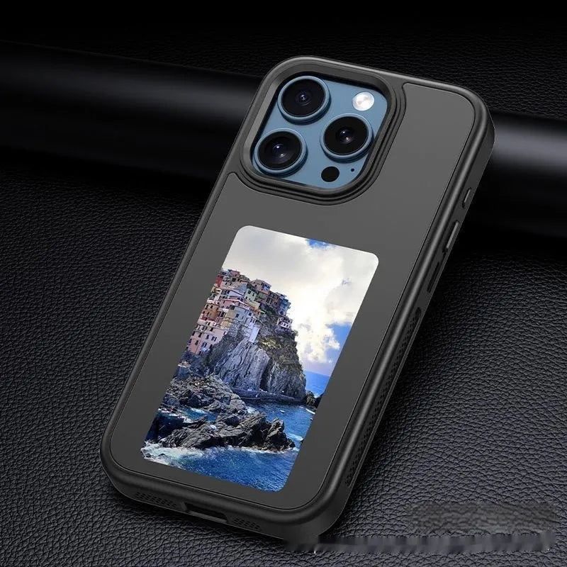 Black Smart NFC screen projection phone case with four-colour e-ink display and TPE relief texture for iPhone