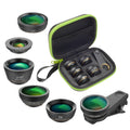 Black 6-in-1 smartphone camera lens kit with fisheye, wide angle, macro, telephoto lenses and universal mounting clip