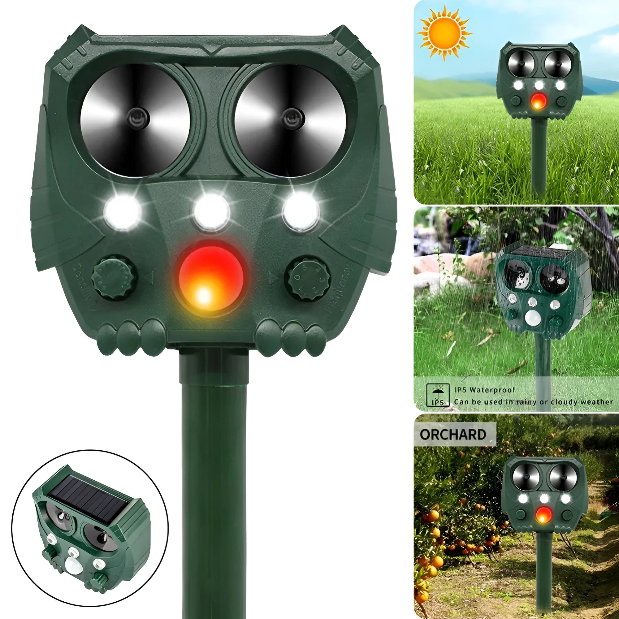 Green solar-powered ultrasonic dog and pest repeller unit for outdoor garden use.
