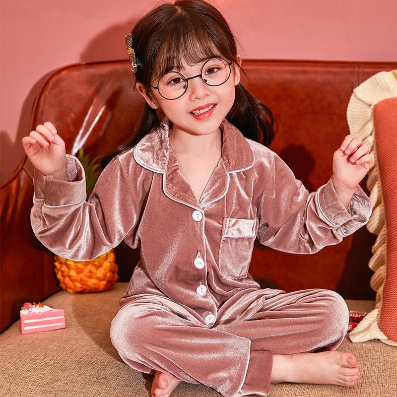 Children's gold velvet solid color pajamas set in cotton, 7 colours, sizes 6-18