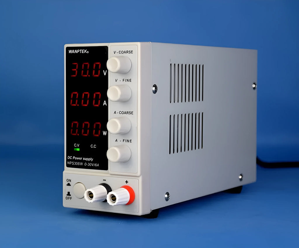 White adjustable benchtop DC power supply unit with digital displays for voltage and current.
