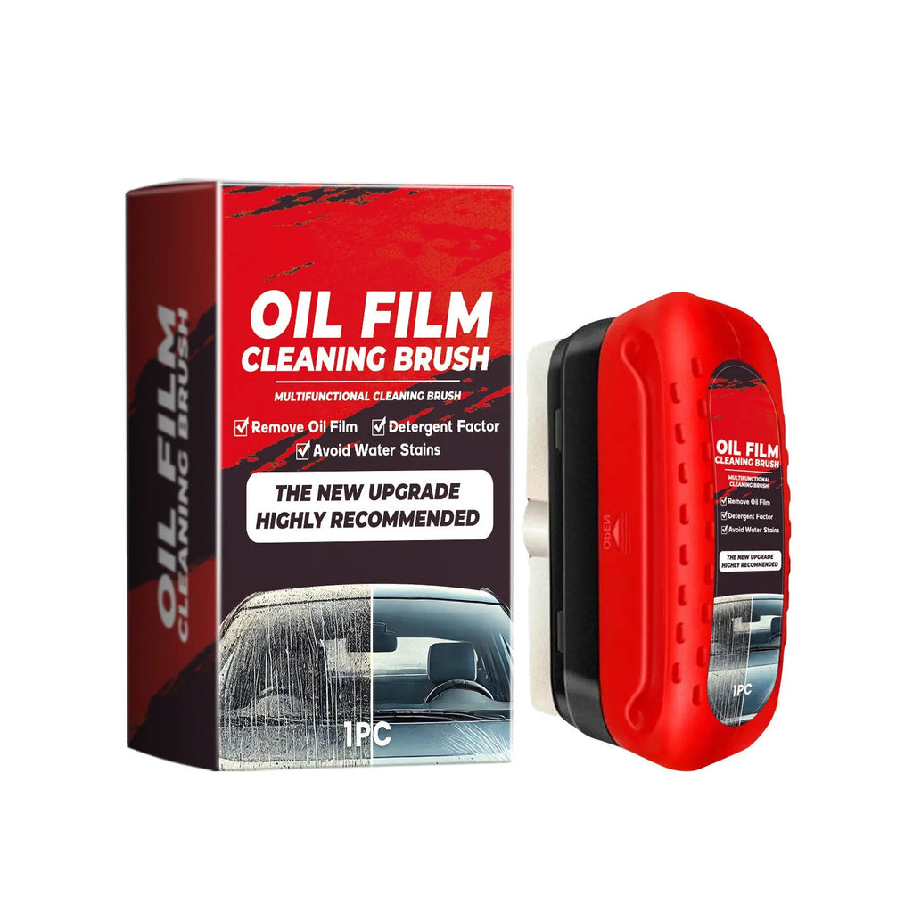 Car glass oil film cleaner with integrated liquid brush and reusable foam sprayer on a windshield