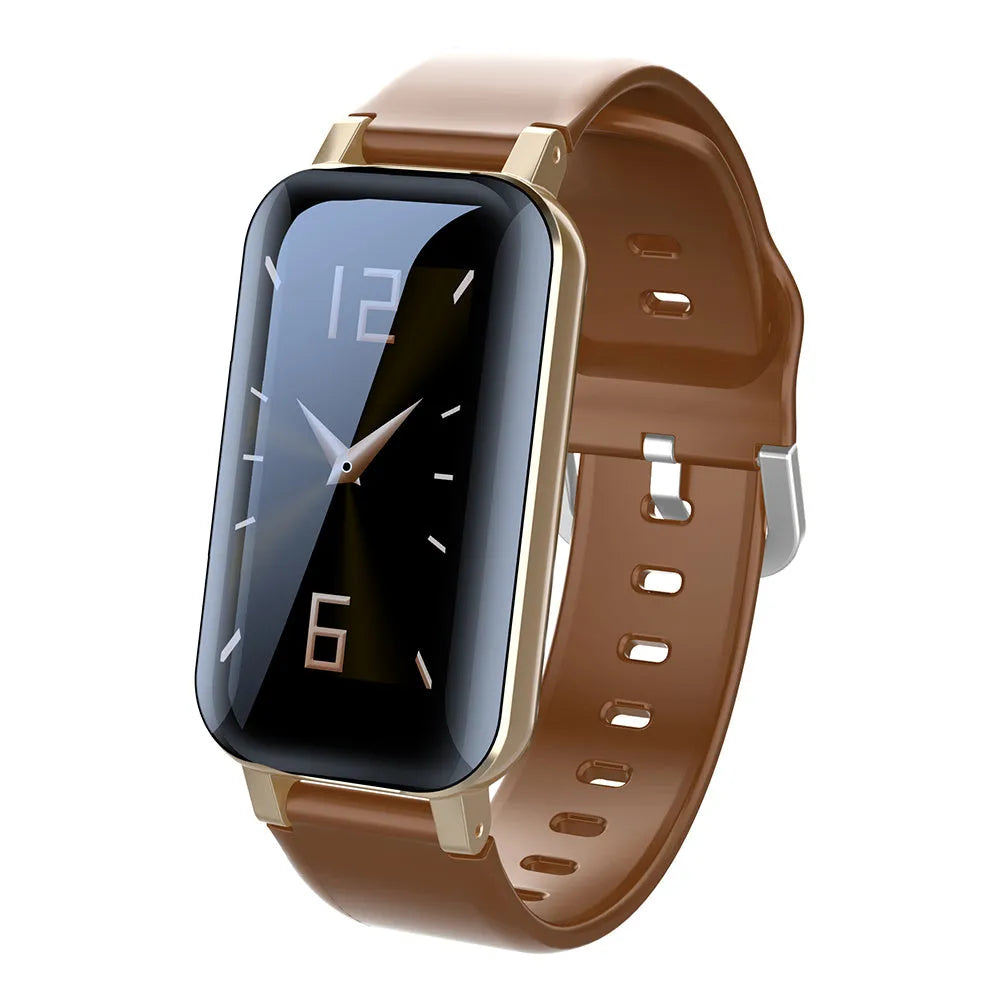 Call Bracelet smart fitness tracker on a wrist showing heart rate data, available in black, blue, and coffee colours.