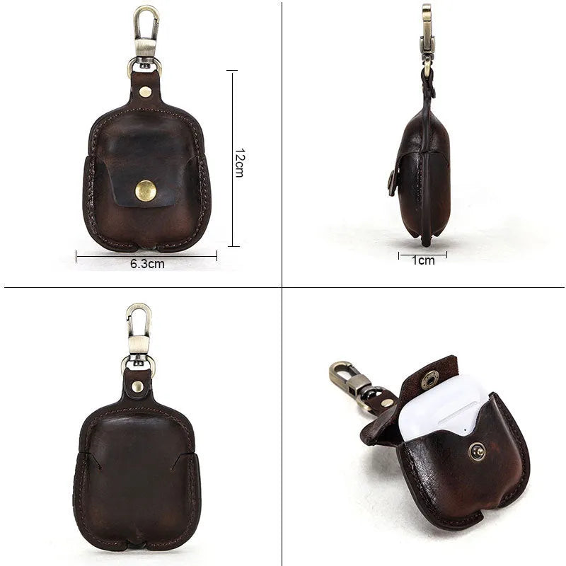 Protective leather earphone cover with buckle in dark brown for AirPods