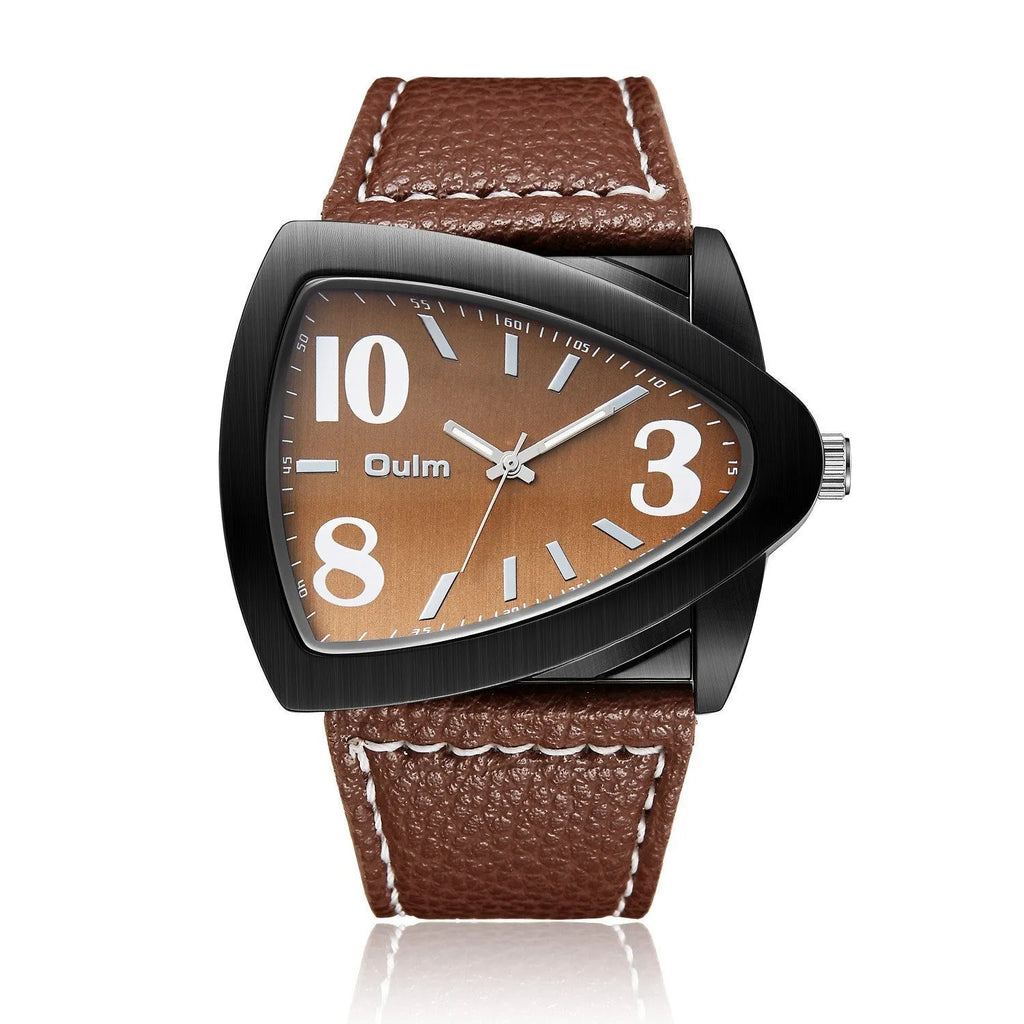 Men's brown casual quartz watch with triangle pattern belt strap showing 9mm thickness