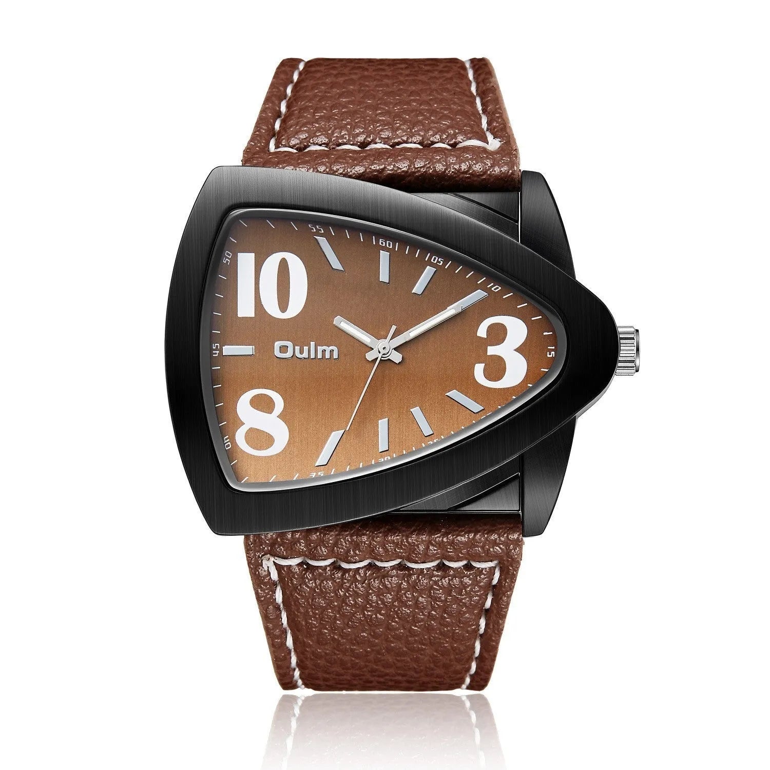 Men's brown casual quartz watch with triangle pattern belt strap showing 9mm thickness