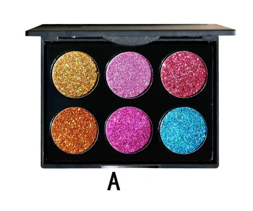 Sequin eye shadow tray with 6 colour palette, compact 10 cm by 7.8 cm, smooth silk texture