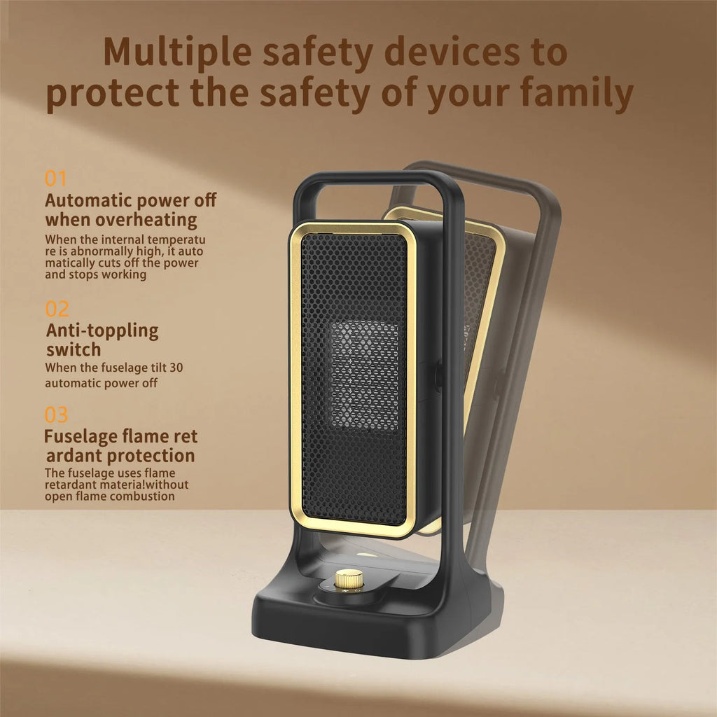 HQ-500A black desktop PTC ceramic heater with knob control, compact size 14.9x11.1x33.5cm.