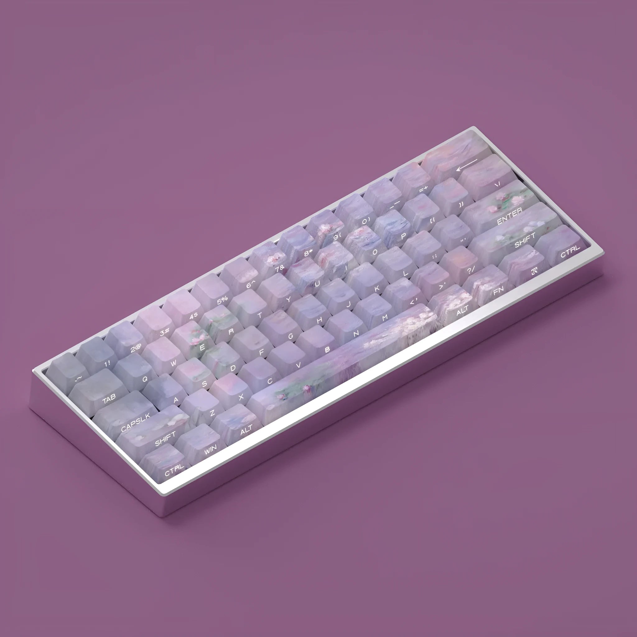 Wenshao Sleeping Lotus PBT keycap set with side-engraved translucent legends, showing 130 keys for mechanical keyboards.