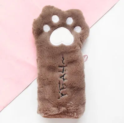 Cute plush cat paw bag Korean style in soft plush fabric, 23cm by 12.5cm, available in beige brown grey pink