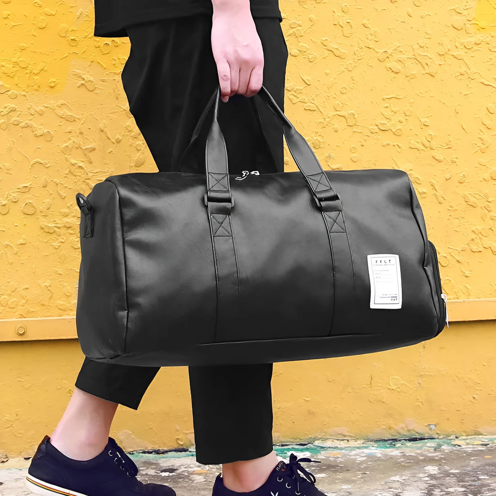 Black waterproof sports bag with shoe compartment and diagonal straps shown in two size options