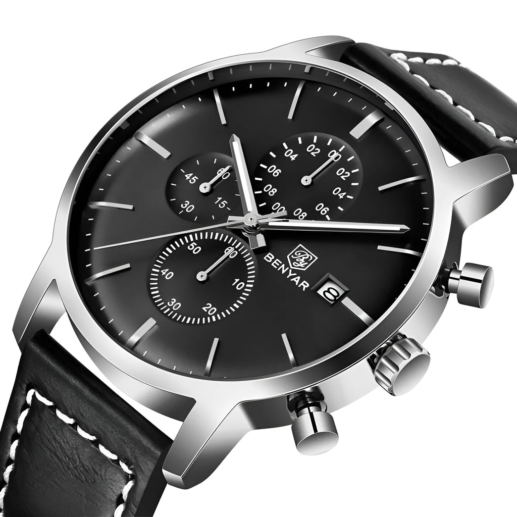 BENYAR binya multifunctional timing watch with genuine leather strap, 43mm dial, 3ATM water resistant