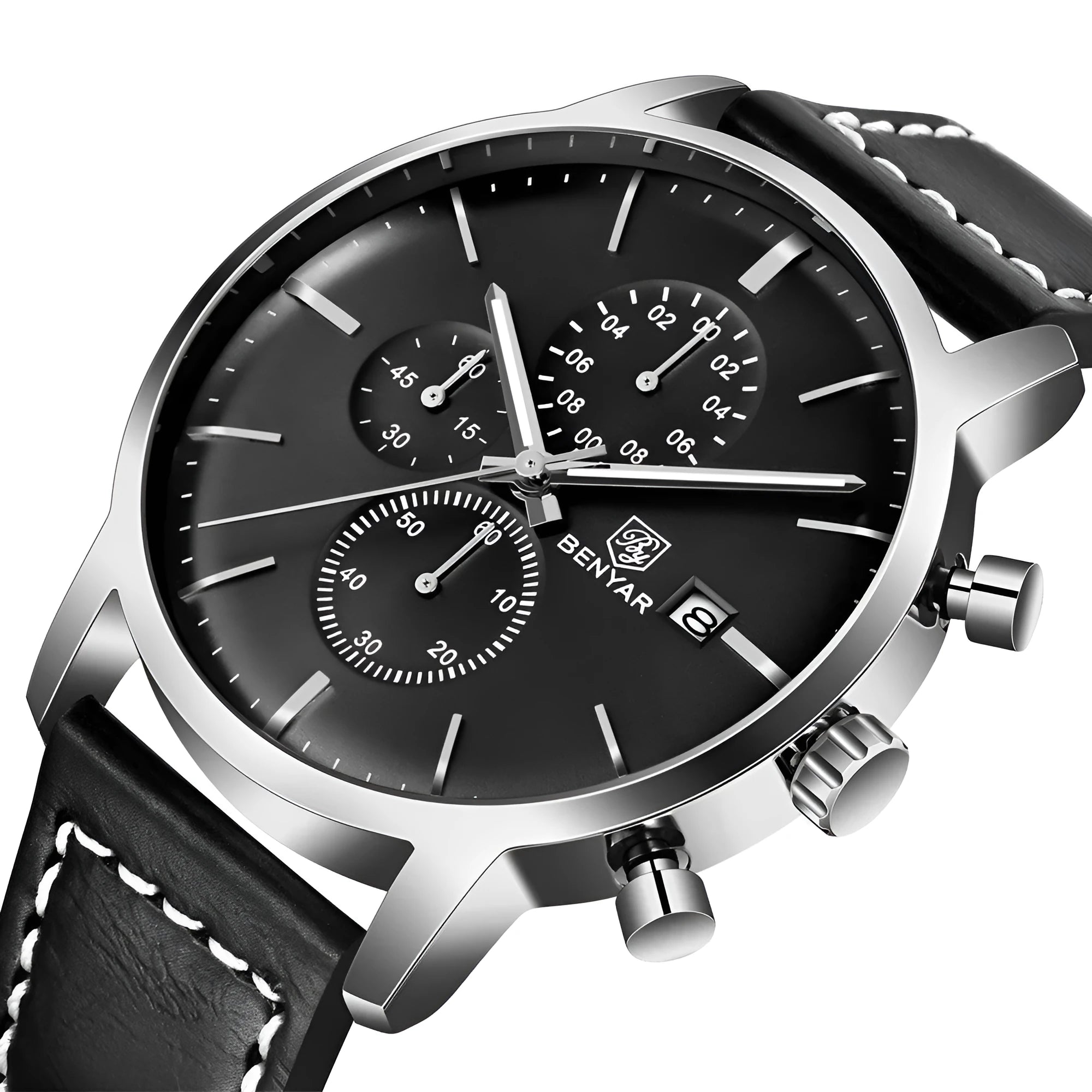 BENYAR binya multifunctional timing watch with genuine leather strap, 43mm dial, 3ATM water resistant