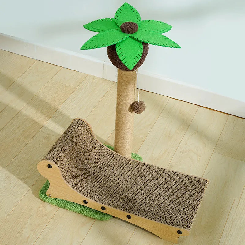 Wooden beach chair style cat climbing frame with chamfered columns and a natural hemp mat base.