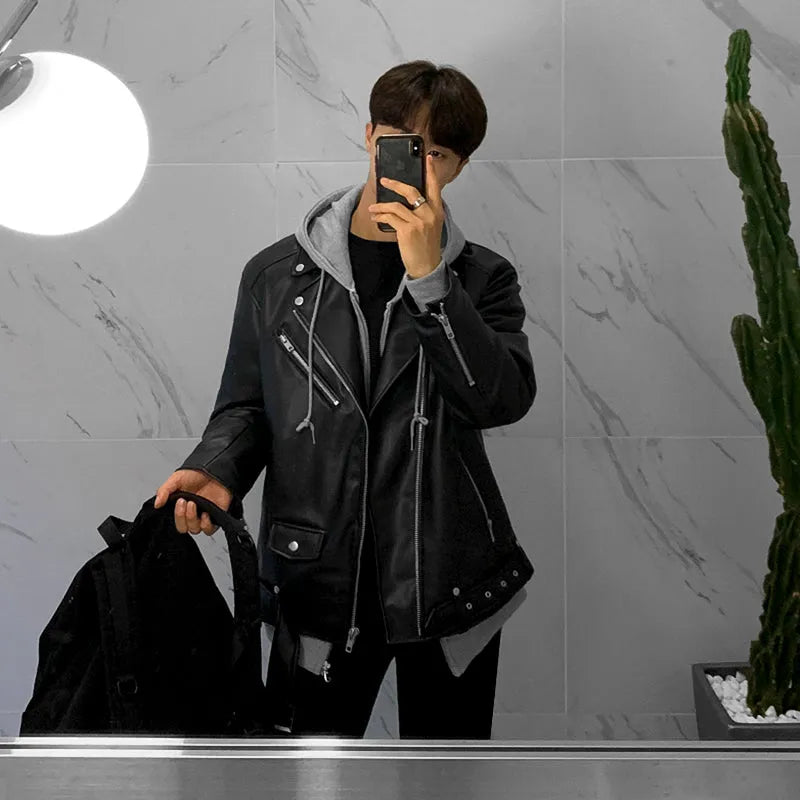 Men's Korean style slim-fit black faux leather motorcycle jacket with zipper front and suit collar
