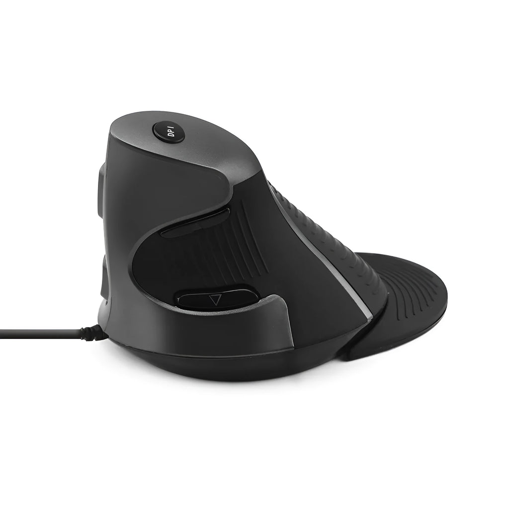 Ergonomic vertical optical wired mouse in black colour positioned for right-handed use on desktop