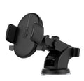Yellow and black car phone holder with telescopic arm and suction cup mount on a dashboard