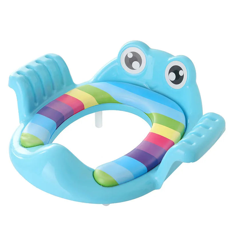 Pink baby toilet seat with adjustable non-slip pads for toddlers aged 1-6 years on a toilet bowl