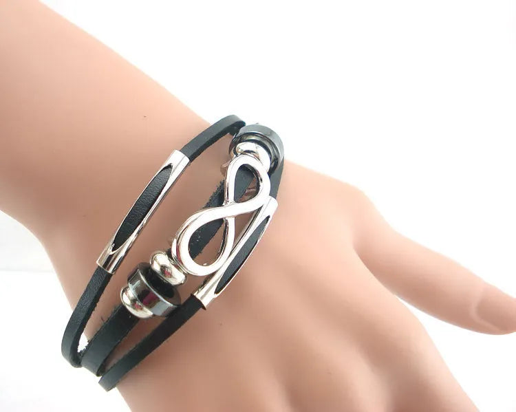 Men's leather bracelet retro geometry design black colour 21cm total length metal fitting