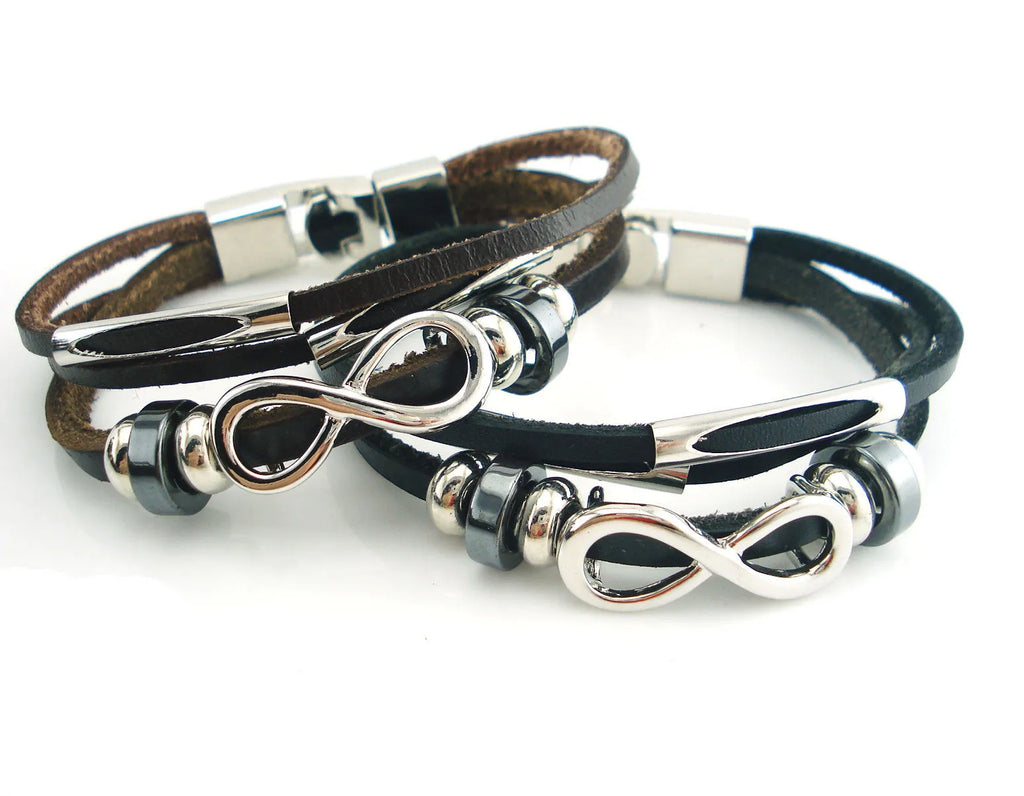 Men's leather bracelet retro geometry design black colour 21cm total length metal fitting