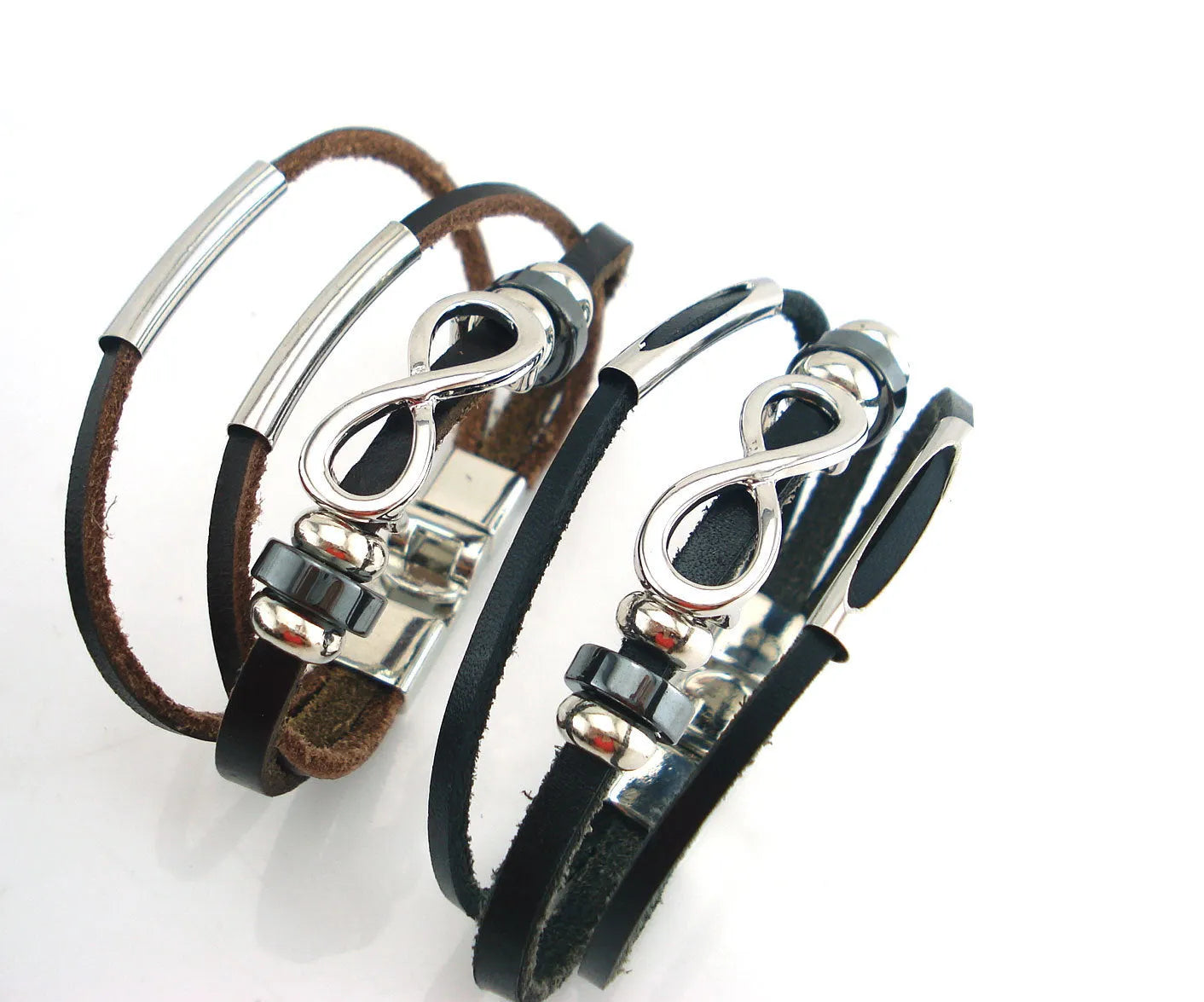 Men's leather bracelet retro geometry design black colour 21cm total length metal fitting