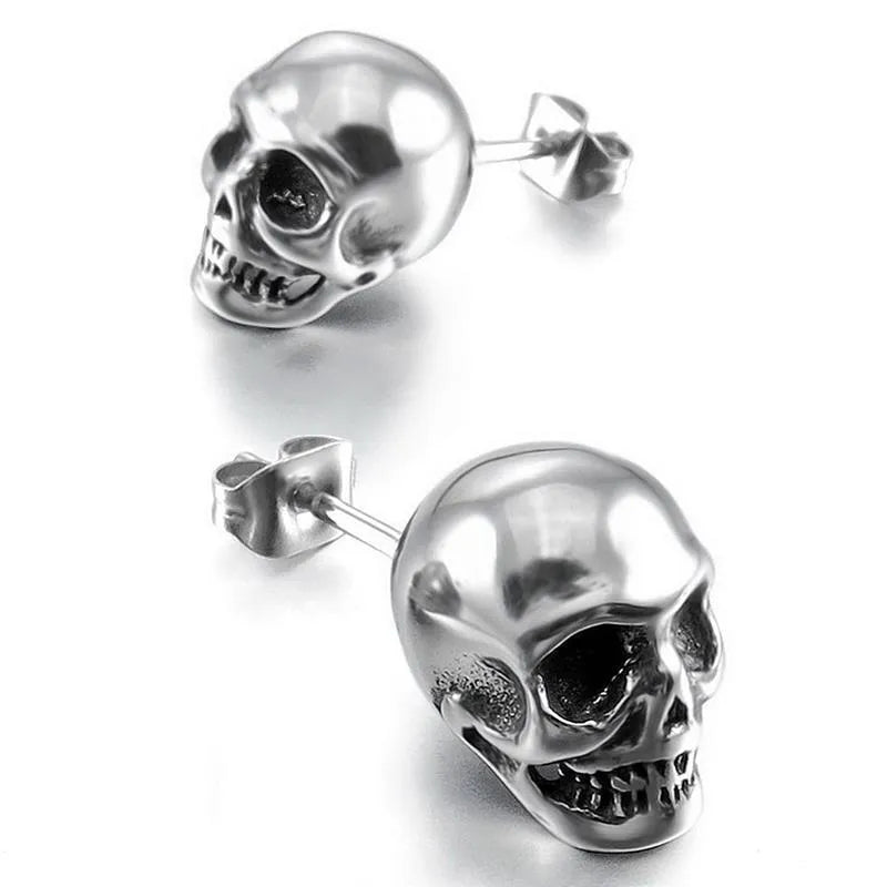 Small skull stud earrings white copper push-back fastening black silver colour unisex punk style