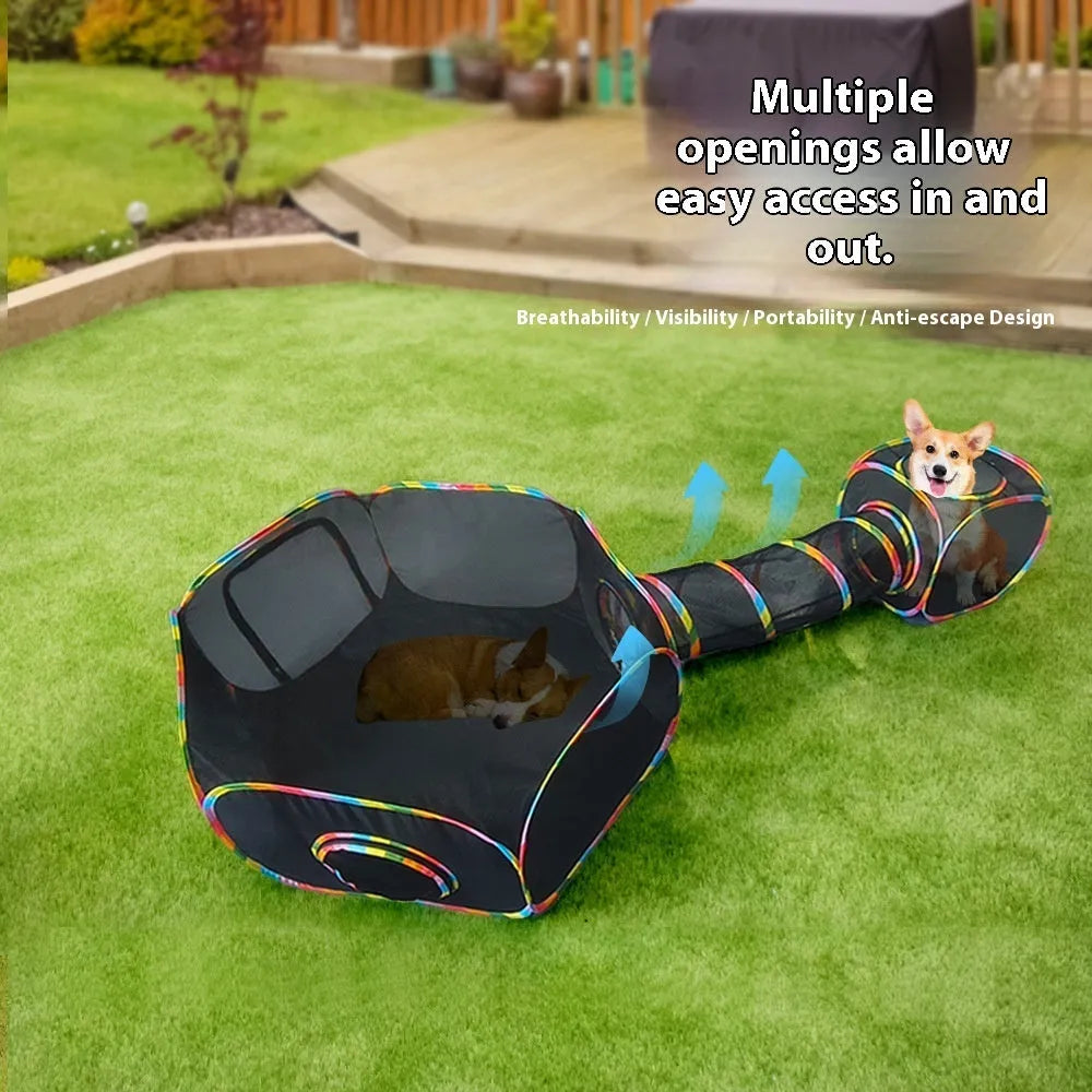 Foldable mesh cat cage in a hexagon shape, showing collapsible panels and breathable fabric.
