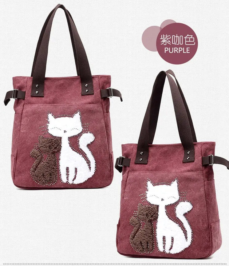 KVKY women canvas shoulder bag with cute plush cat applique in beige colour on white background