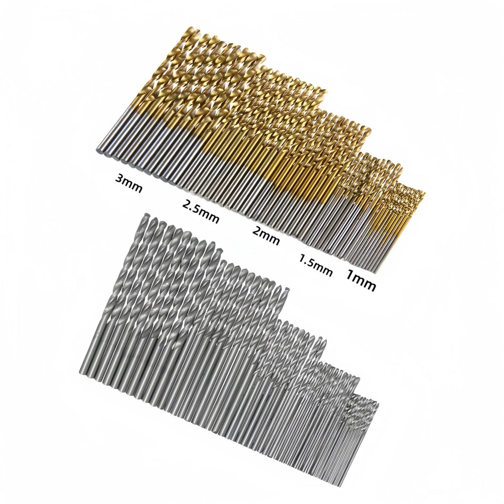 50 piece twist drill set with HSS titanium coated bits from 1mm to 3mm in storage case