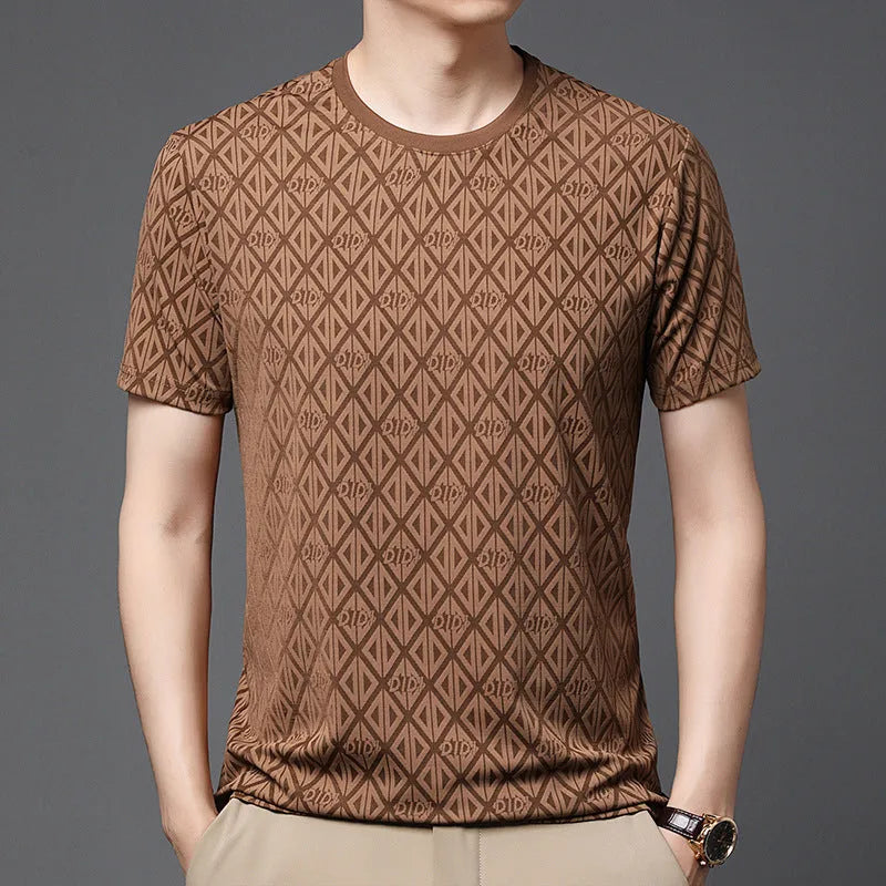 Men's loose fit ice silk polyester short sleeve t-shirt in black, shown on a hanger.
