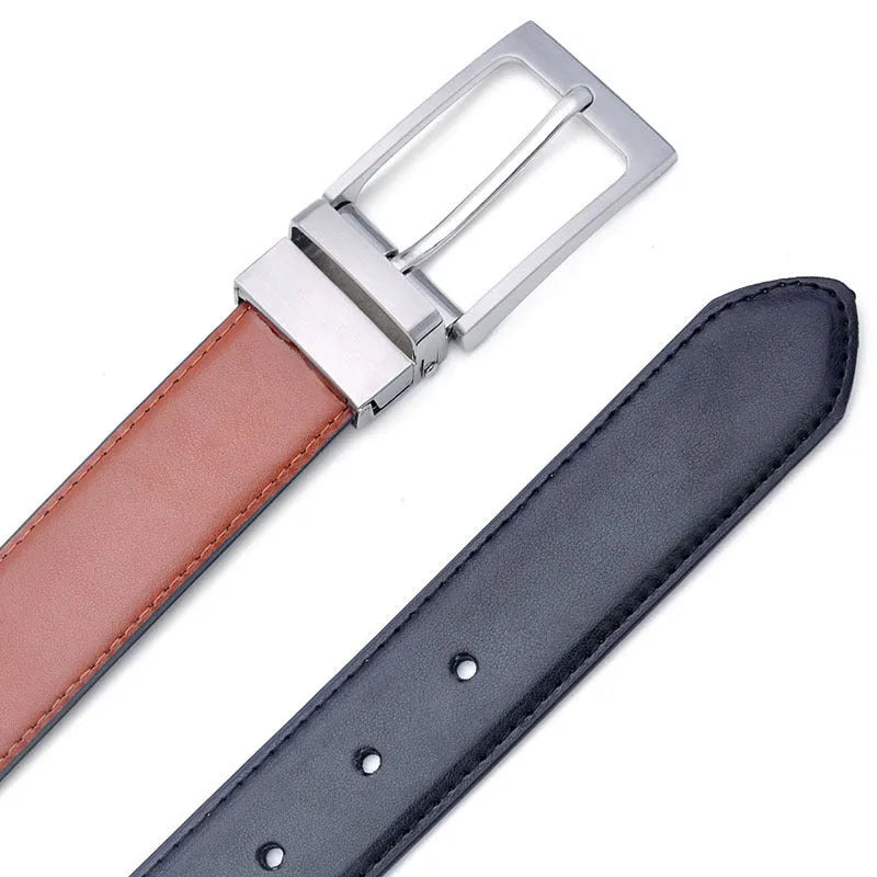 Men's dark brown and black genuine leather belt with rotating metal pin buckle showing length options