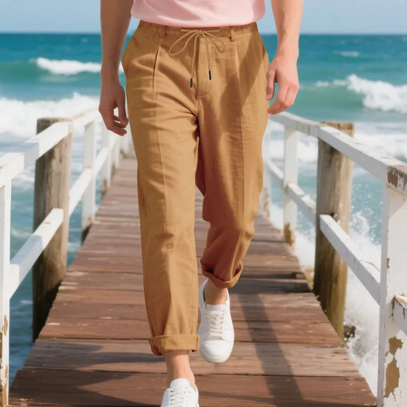 Men's linen casual trousers in straight-leg design with drawstring waist in light khaki colour