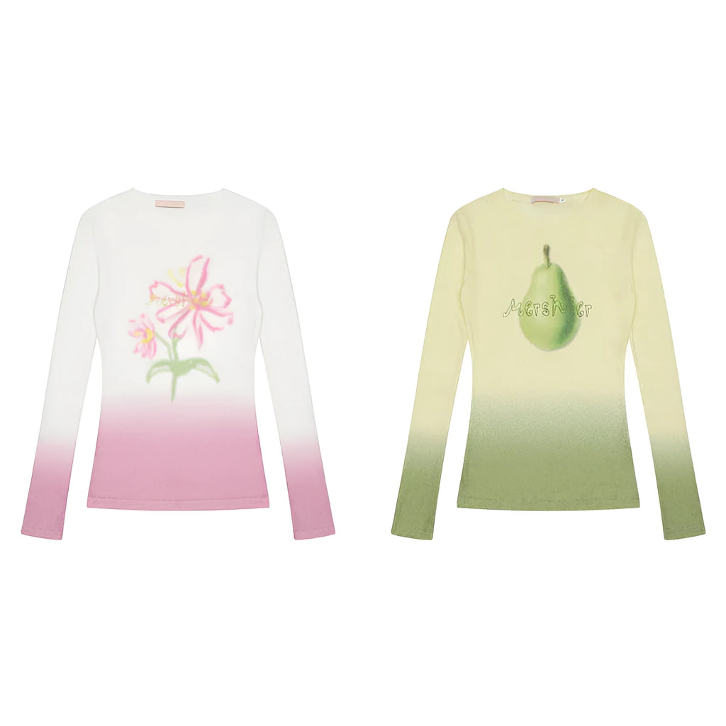 Women's gradient flower print long-sleeved T-shirt in thin polyester fabric