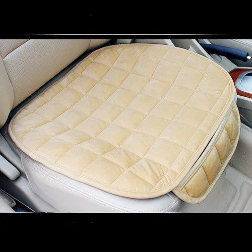 Checkered embroidered plush non-slip car seat cushion in beige with cotton fabric, three-piece set