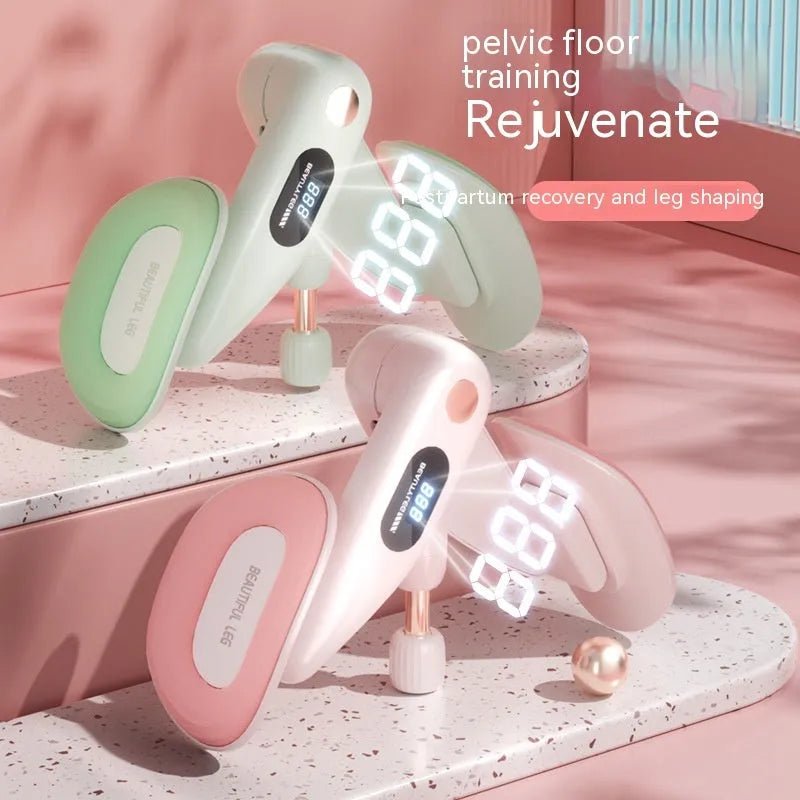 Pelvic floor muscle trainer with counter in blue, grey, green, or pink colours showing ABS plastic construction