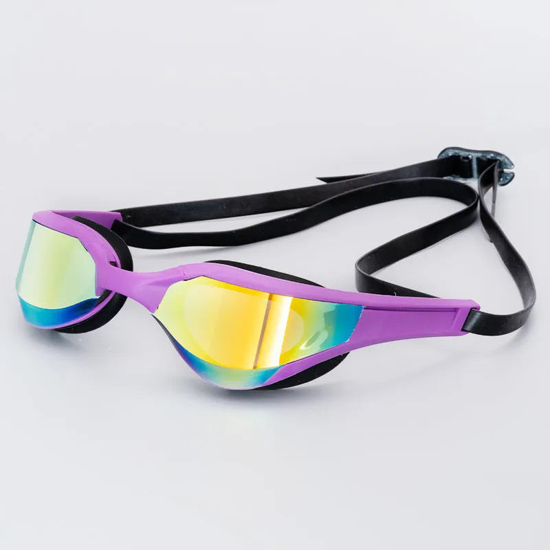 Adult swimming goggles with anti-fog HD lenses and a black silicone seal, shown with a plastic mirror case.