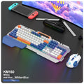 Blue wired gaming keyboard and mouse set with backlighting on desk
