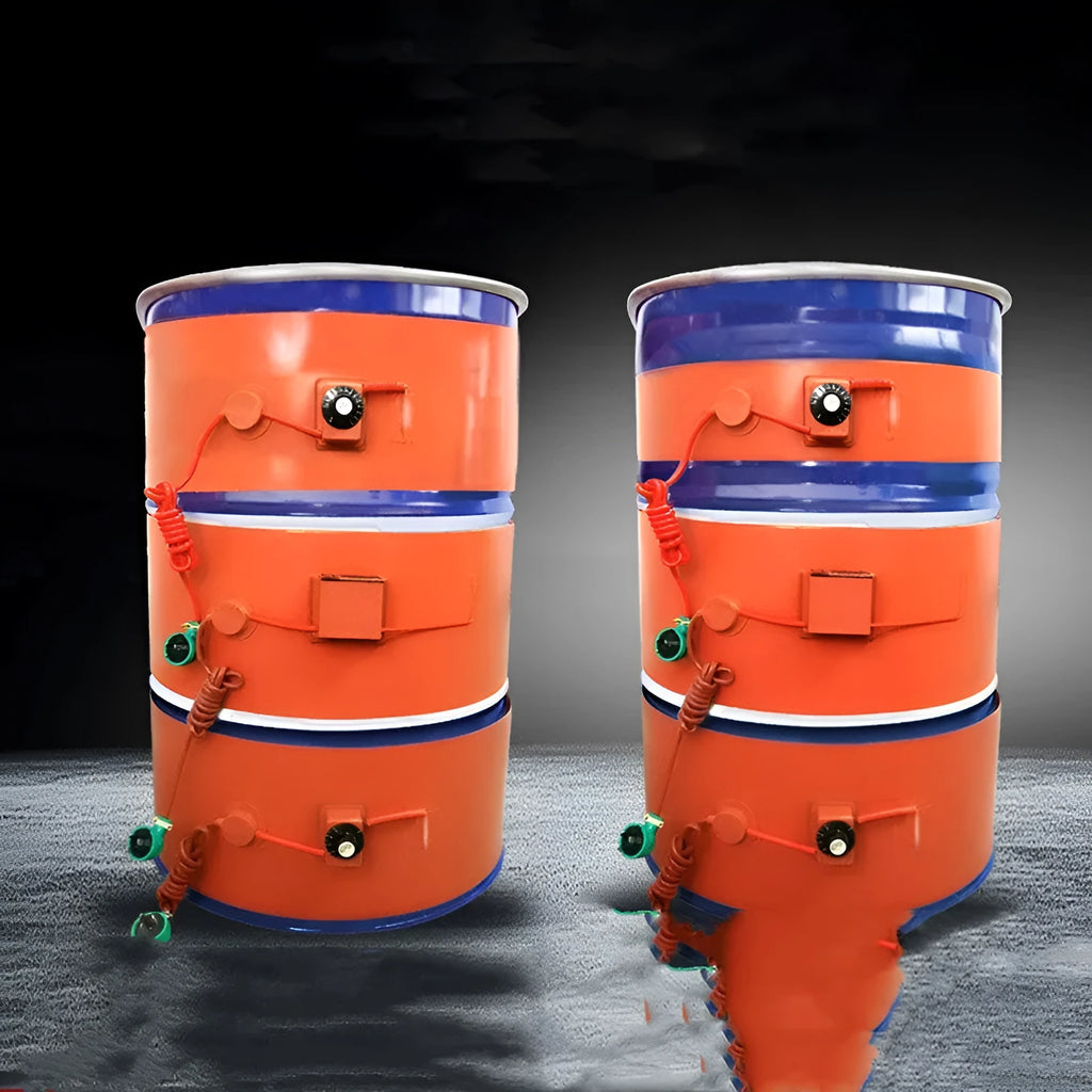 200-litre oil drum with wrapped silicone rubber heating belt and thermostat control
