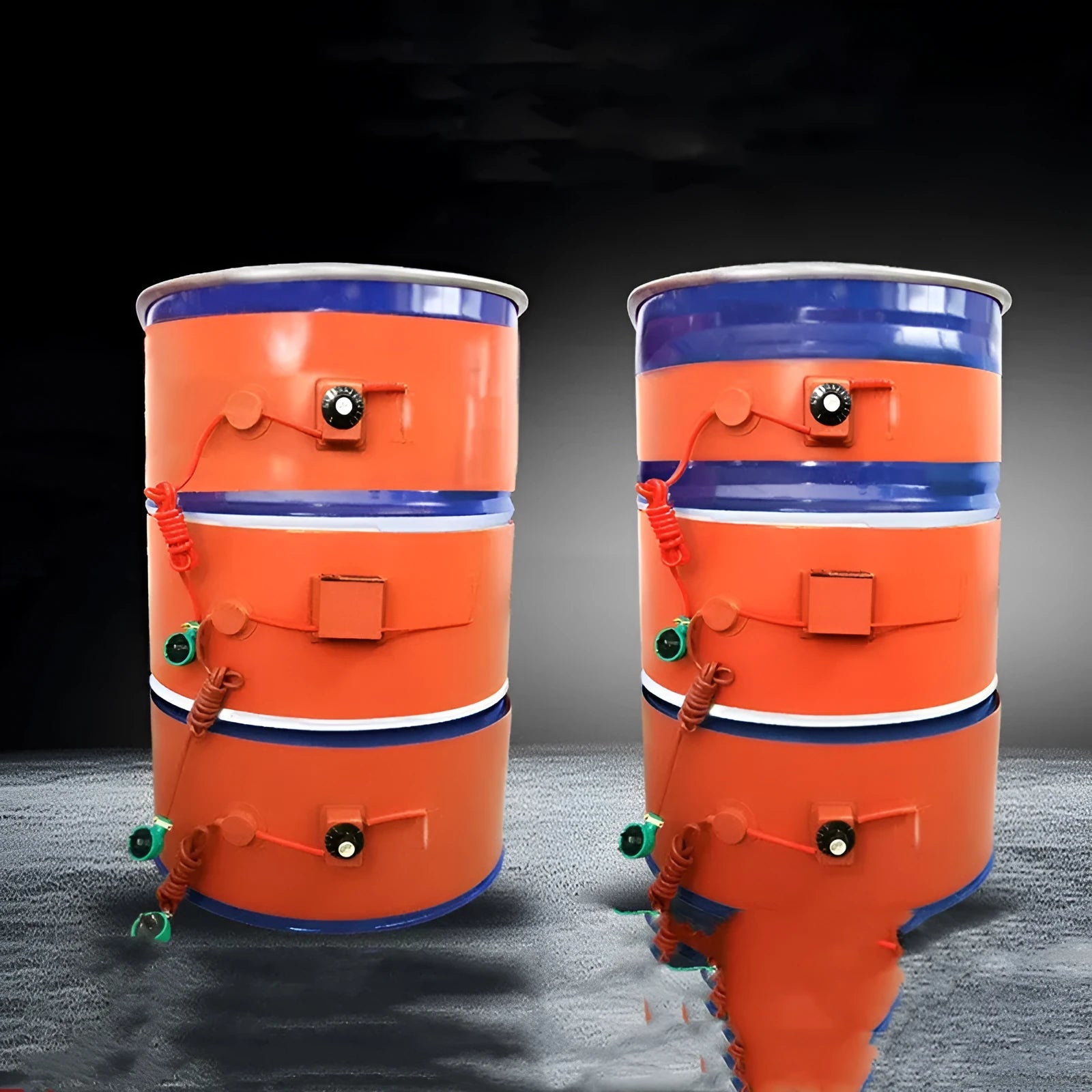 200-litre oil drum with wrapped silicone rubber heating belt and thermostat control
