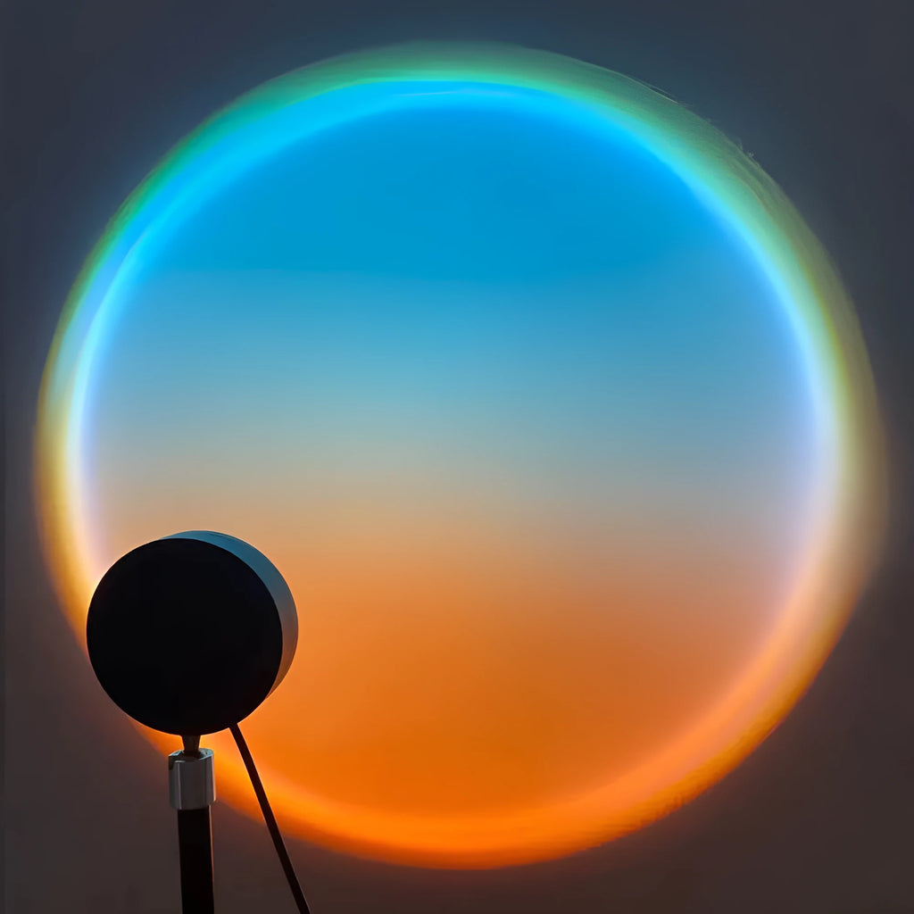 Black sunset lamp projector with metal lampshade lens on iron stand, USB cable, ambient glow effect