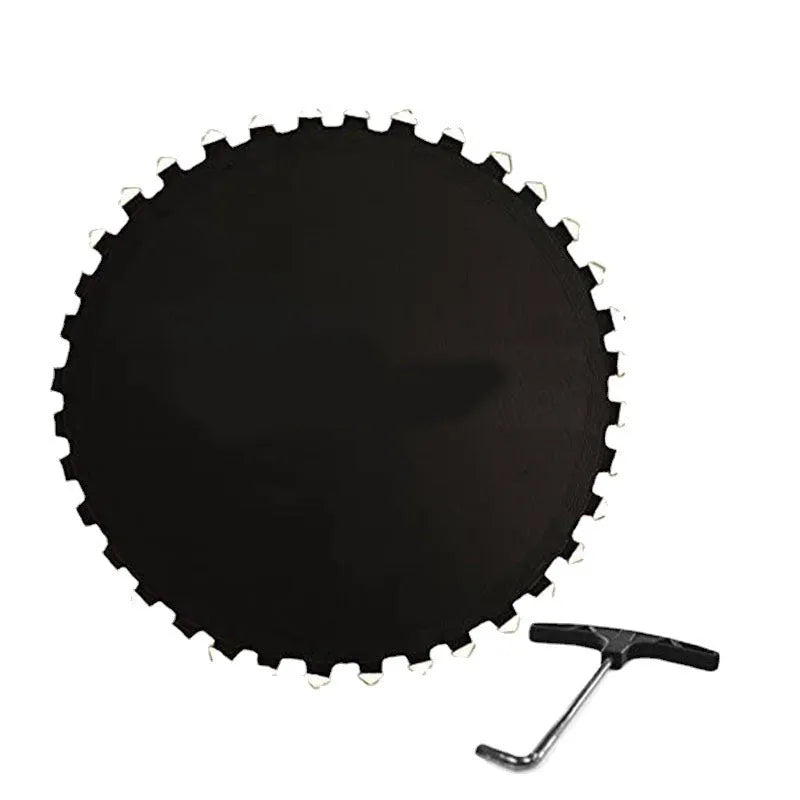 Round elastic trampoline replacement fabric with perimeter buttons for spring attachment.