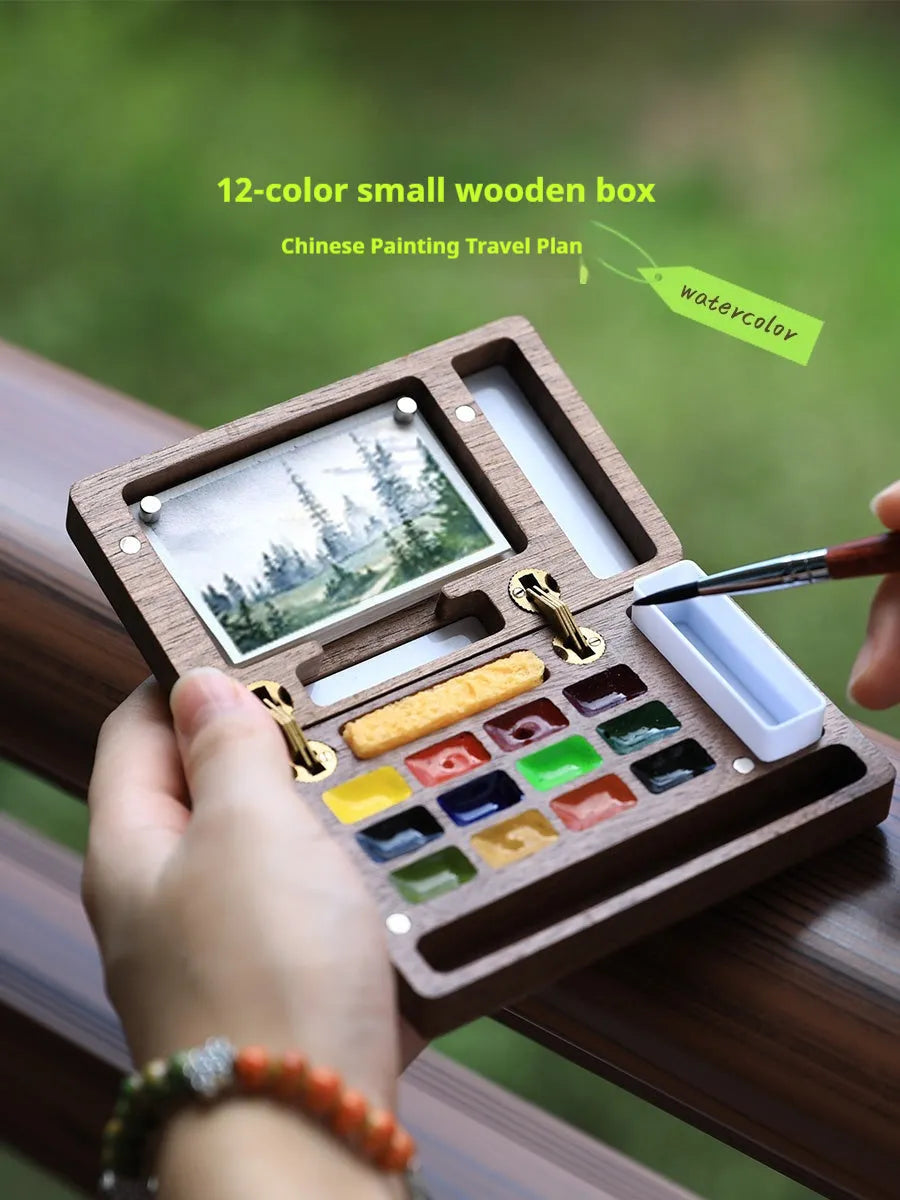 Mini walnut wooden watercolour paint box with professional pigment suit inside