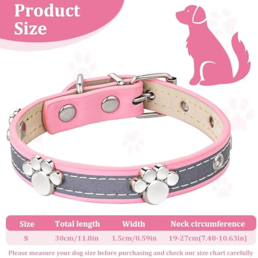 Reflective brown leather dog collar with metal buckle and paw print rivet, shown on a size chart.