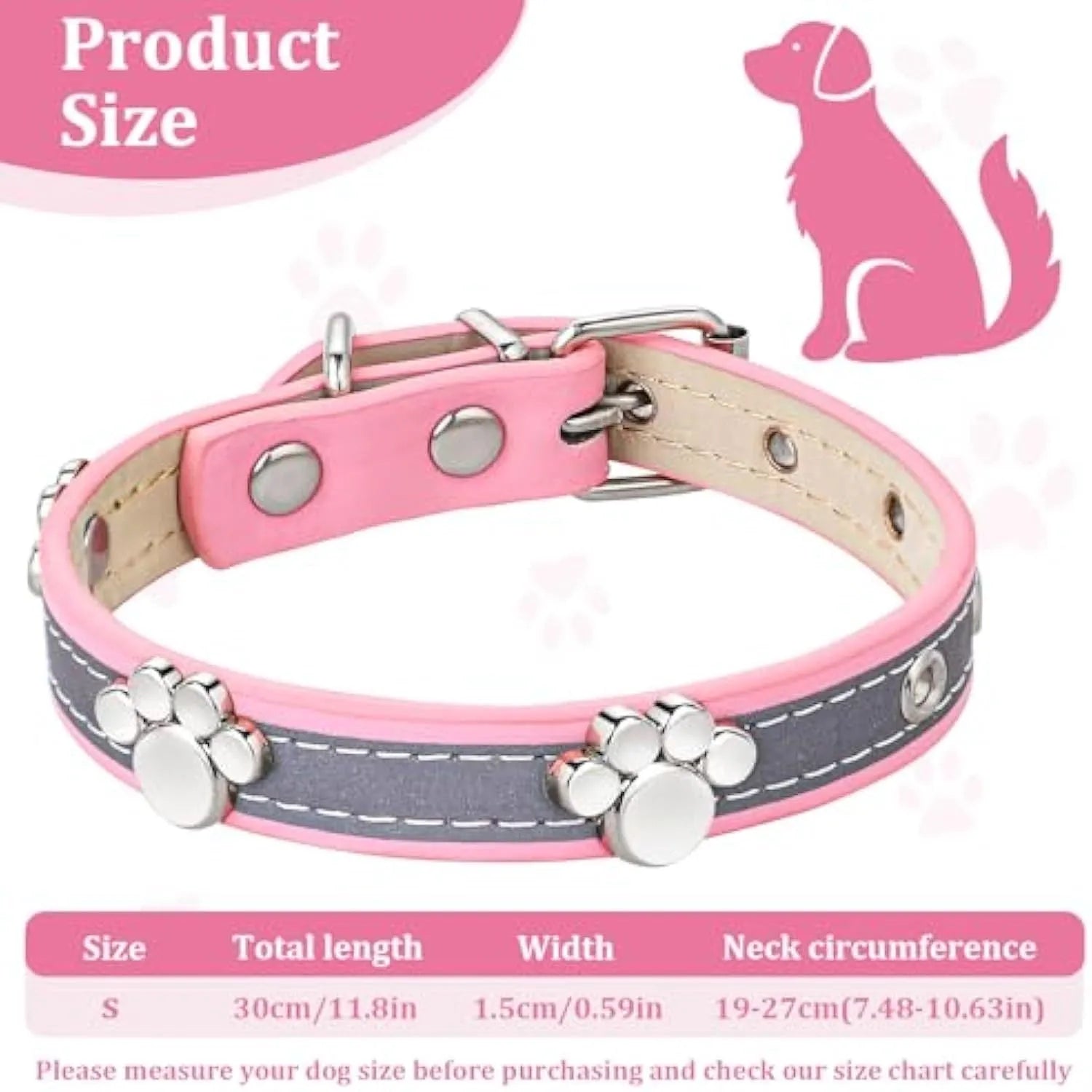 Reflective brown leather dog collar with metal buckle and paw print rivet, shown on a size chart.