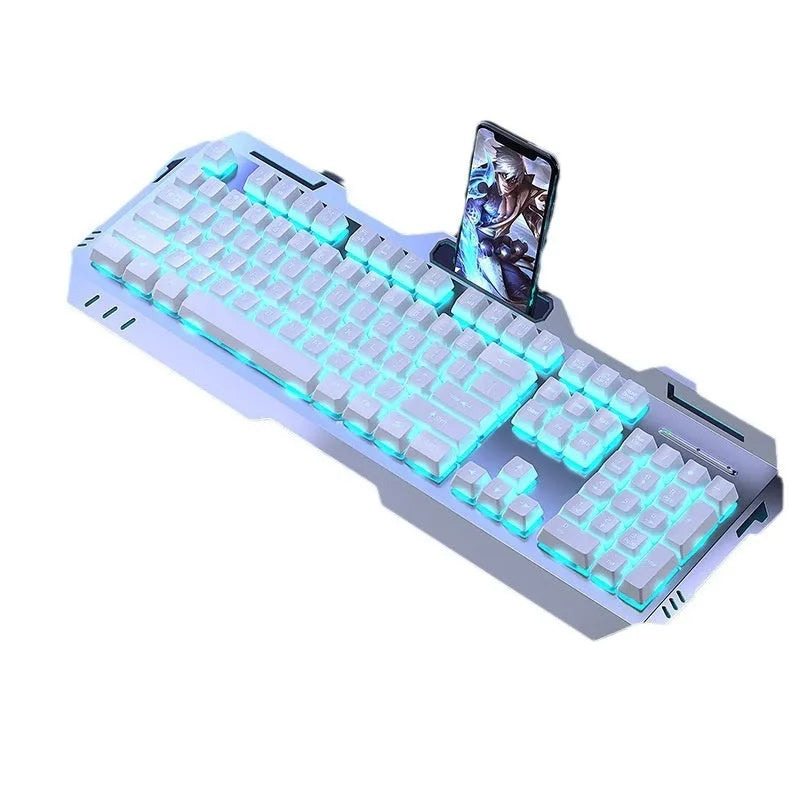 Aluminium mechanical gaming keyboard with rotary knob, shown in metal grey with rainbow backlighting.