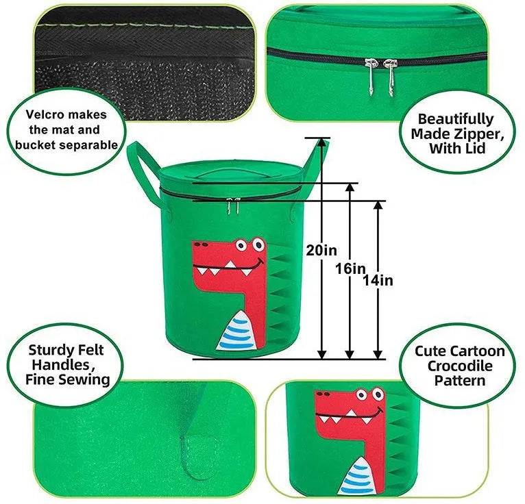 Green felt cube storage bag with pull rope closure opened as play mat