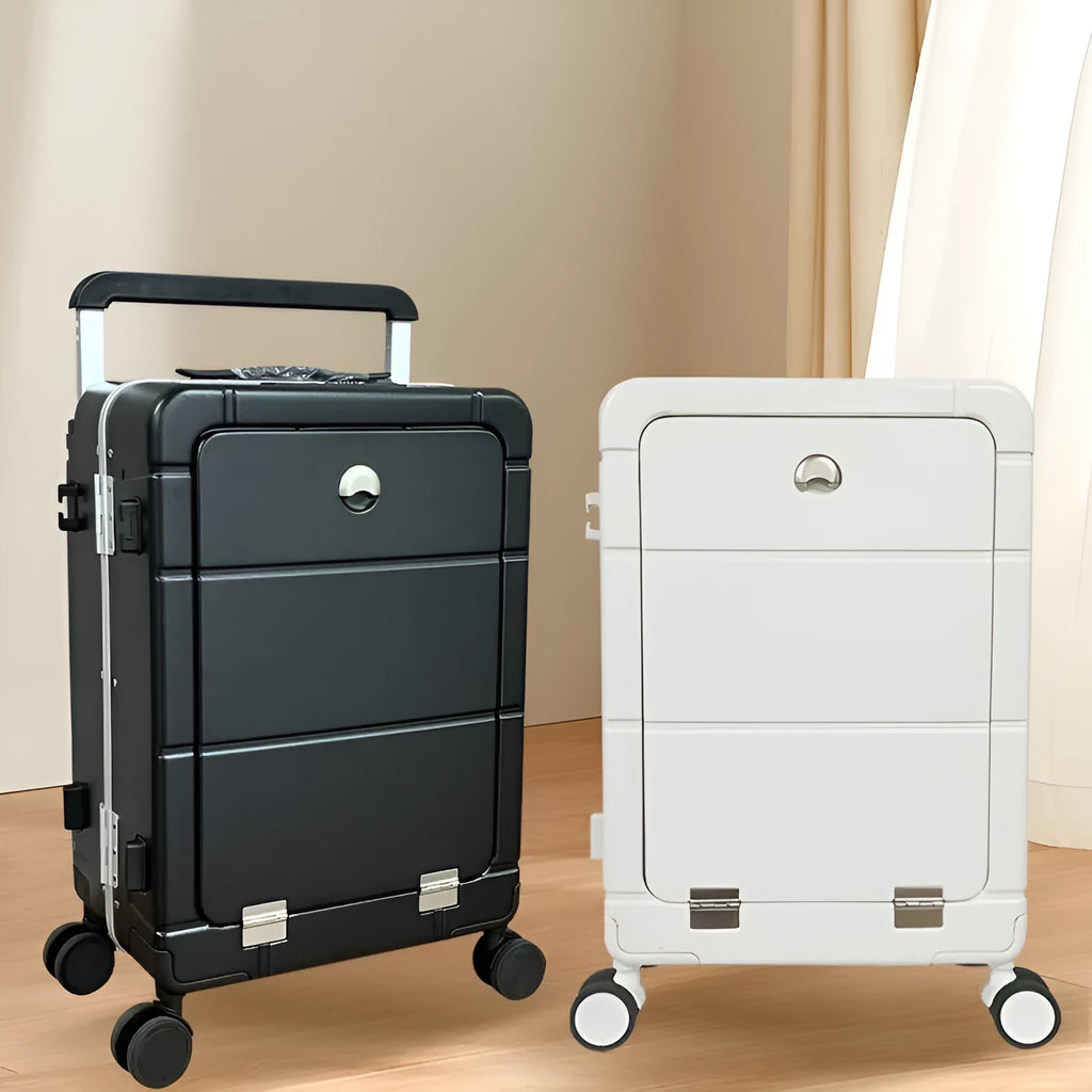 20-inch front opening hard-shell suitcase in silver showing interior dry wet separation compartments and a cup holder.