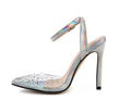 Women's pointed toe diamond sandals with a stiletto heel and PVC upper, shown in available sizes.